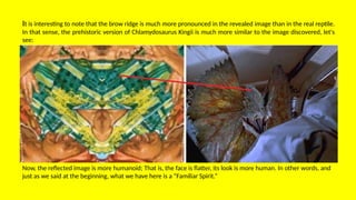 It is interesting to note that the brow ridge is much more pronounced in the revealed image than in the real reptile.
In that sense, the prehistoric version of Chlamydosaurus Kingii is much more similar to the image discovered, let's
see:
Now, the reflected image is more humanoid; That is, the face is flatter, its look is more human. In other words, and
just as we said at the beginning, what we have here is a “Familiar Spirit.”
 