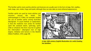 The familiar spirits most used by witches and shamans are usually seen in the form of pigs, fish, reptiles,
owls, dogs, cats, moles, frogs and toads; although they can also take on more ethereal appearances.
Familiar spirits are used by many witches and
sorcerers around the world. The
anthropologist A. P. Elkin, for example, studied
the use of familiar spirits among Australian
Aboriginals: “A usual method, or explanation,
is that the medicine man sends his familiar
spirit (his assistant totem, spirit-dog, spirit-
child or whatever the form may be) to gather
the information.” (Aboriginal men of high
degree. Initiation and Sorcery in the World's
Oldest Tradition, 1945, page 48)
A late-16th-century English illustration of a witch feeding
her familiars
 