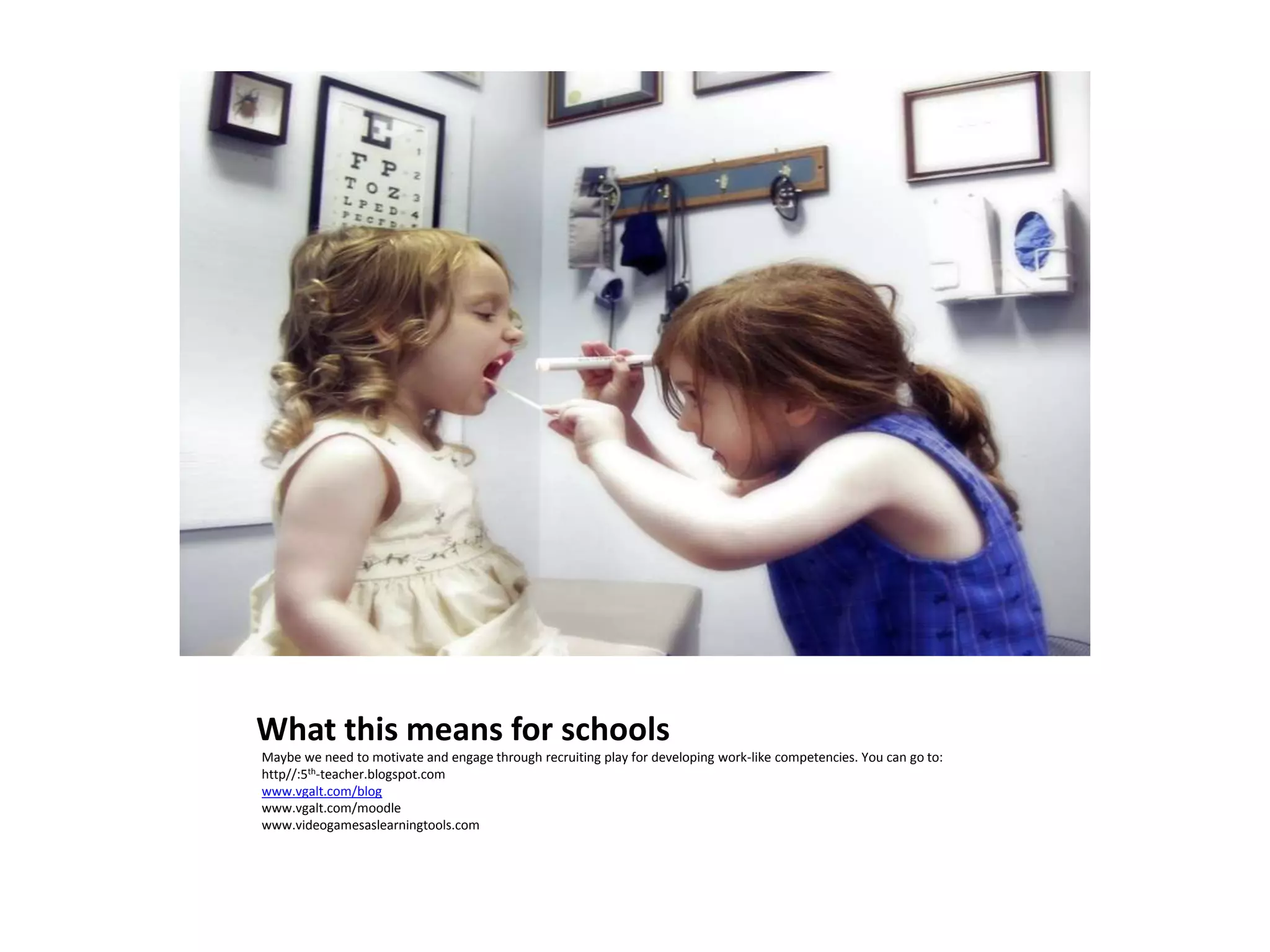 What this means for schools
Maybe we need to motivate and engage through recruiting play for developing work-like competencies. You can go to:
http//:5th-teacher.blogspot.com
www.vgalt.com/blog
www.vgalt.com/moodle
www.videogamesaslearningtools.com
 