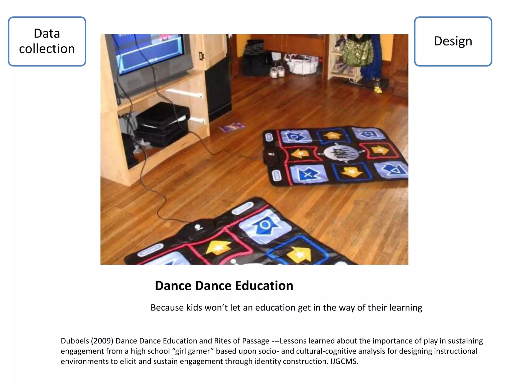 Dance Dance Education
Because kids won’t let an education get in the way of their learning
Design
Data
collection
Dubbels (2009) Dance Dance Education and Rites of Passage ---Lessons learned about the importance of play in sustaining
engagement from a high school “girl gamer” based upon socio- and cultural-cognitive analysis for designing instructional
environments to elicit and sustain engagement through identity construction. IJGCMS.
 