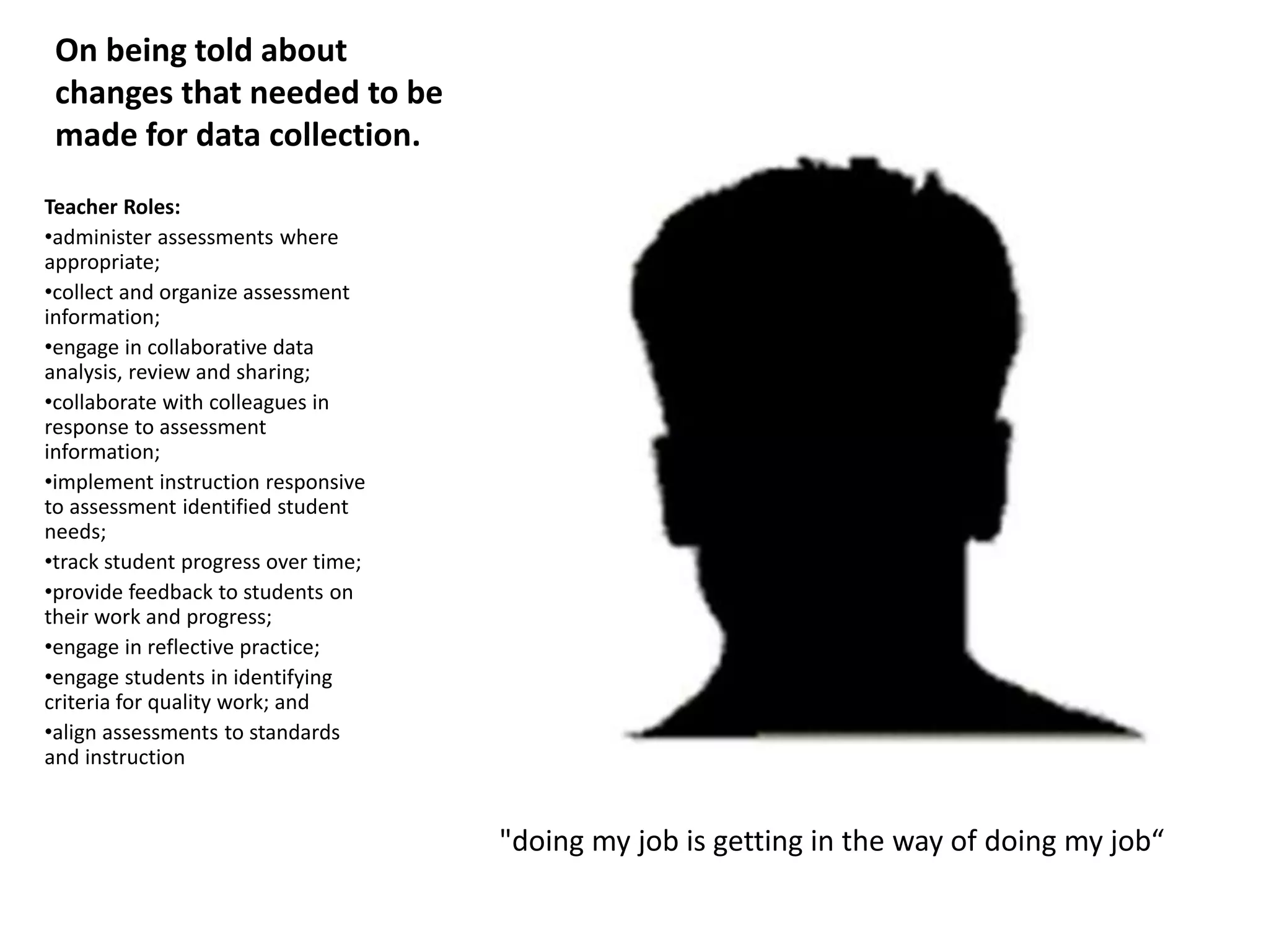 On being told about
changes that needed to be
made for data collection.
Teacher Roles:
•administer assessments where
appropriate;
•collect and organize assessment
information;
•engage in collaborative data
analysis, review and sharing;
•collaborate with colleagues in
response to assessment
information;
•implement instruction responsive
to assessment identified student
needs;
•track student progress over time;
•provide feedback to students on
their work and progress;
•engage in reflective practice;
•engage students in identifying
criteria for quality work; and
•align assessments to standards
and instruction
"doing my job is getting in the way of doing my job“
 