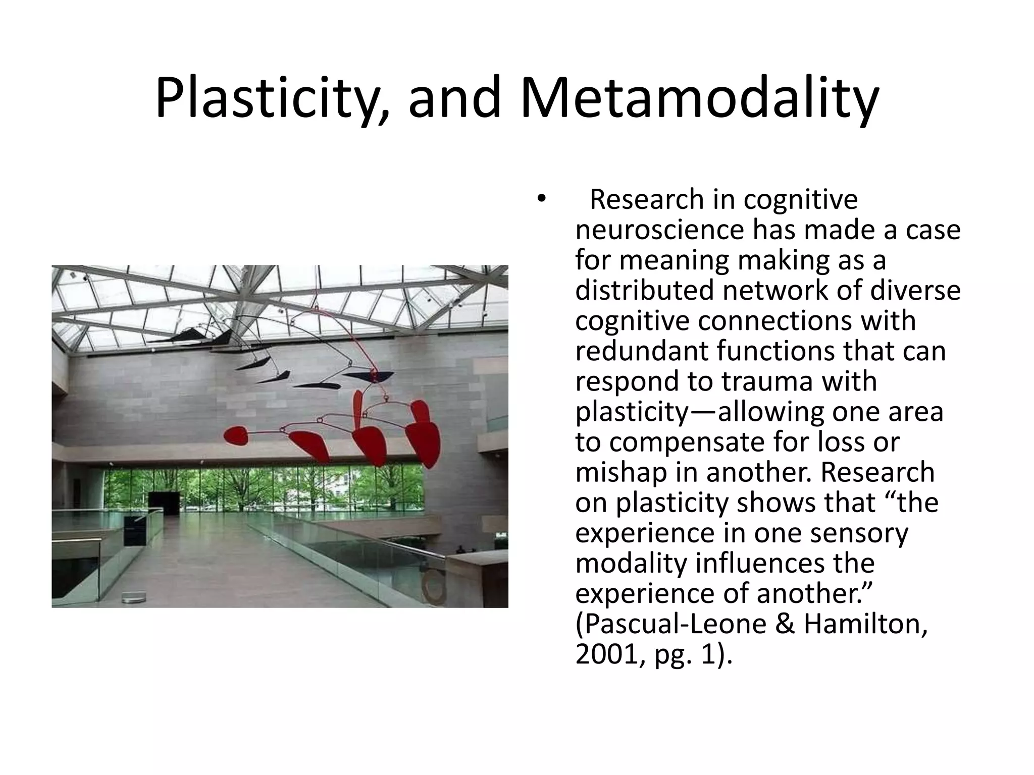 Plasticity, and Metamodality
• Research in cognitive
neuroscience has made a case
for meaning making as a
distributed network of diverse
cognitive connections with
redundant functions that can
respond to trauma with
plasticity—allowing one area
to compensate for loss or
mishap in another. Research
on plasticity shows that “the
experience in one sensory
modality influences the
experience of another.”
(Pascual-Leone & Hamilton,
2001, pg. 1).
 