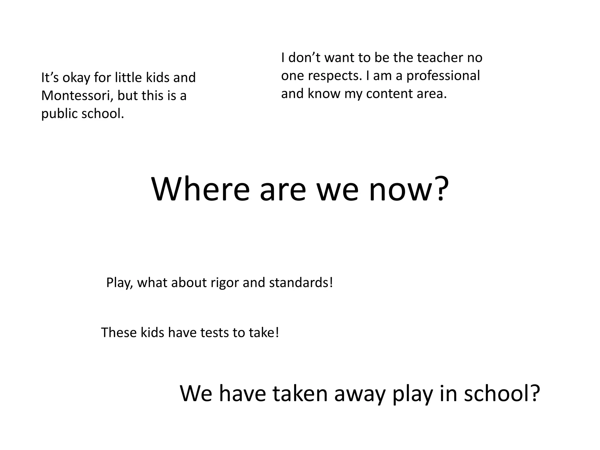 Where are we now?
We have taken away play in school?
Play, what about rigor and standards!
These kids have tests to take!
I don’t want to be the teacher no
one respects. I am a professional
and know my content area.
It’s okay for little kids and
Montessori, but this is a
public school.
 