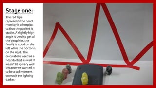 Stage one:
The red tape
represents the heart
monitor in a hospital
to that the patient is
stable.A slightly high
angle is used to get all
the people in, the
family is stood on the
left while the doctor is
on the right.The
calculator is used as a
hospital bed as well. It
wasn’t lit up very well
because we wanted it
to be a sad moment
so made the lighting
darker.
 