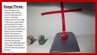 StageThree:
The red tape as the
background is still the
same to still show the
heart is no longer
beating. And in this stage
a close up is used mostly
on the patient to show
he’s now dead, to show
he's dead we used the red
tape to cover him(like a
sheet).The doctor is
telling the family in the
corner that their family
member has passed
away.The lighting has got
a bit lighter than before
to show that he's going to
heaven.
 