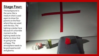 Stage Four:
The background is
the same. But a
medium shot is used
again to show the
parents on the floor
where they are upset
with the loss.The
lighting is darker here
because it’s a horrible
moment so the
lighting needs to be
darker to show that
its going to be
unhappy.The
atmosphere needs to
be portrayed as dull
and gloomy.
 