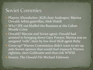  Players: Khrushchev: KGB chair Andropov; Marina
Oswald; leftist guerrillas; Alek Hidell
 Why? JFK out bluffed the Russians at the Cuban
Missile Crisis
 Oswald? Marxist and Soviet agent; Oswald had
assisted in bringing down Gary Powers; Marina was an
assigned “wife”; slain by low-level KGB agent Ruby
 Cover up? Warren Commission didn’t want to stir up
anti-Soviet opinion that would fuel impeach Warren
rightists, elect Goldwater and thus risk WWIII
 Source: The Oswald File Michael Eddowes
 