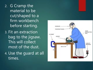 2. G Cramp the
material to be
cut/shaped to a
firm workbench
before starting.
3. Fit an extraction
bag to the jigsaw.
This will collect
most of the dust.
4. Use the guard at all
times.