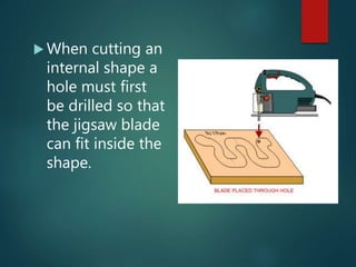  When cutting an
internal shape a
hole must first
be drilled so that
the jigsaw blade
can fit inside the
shape.