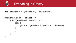 #jenkinsconf
Everything is Groovy
def branches = ['master', 'feature-a']
branches.each { branch ->
job("jenkins-${branch}") {
scm {
github('jenkinsci/jenkins', branch)
}
…
}
}
 