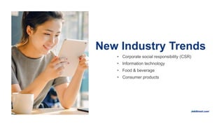 New Industry Trends
• Corporate social responsibility (CSR)
• Information technology
• Food & beverage
• Consumer products
 