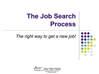 The Job Search
            Process
The right way to get a new job!




          Harwin     Online / Offline Publishing
                     websites … books … marketing
          House .com
                      Copyright HarwinHouse.com
                            All rights reserved.
 