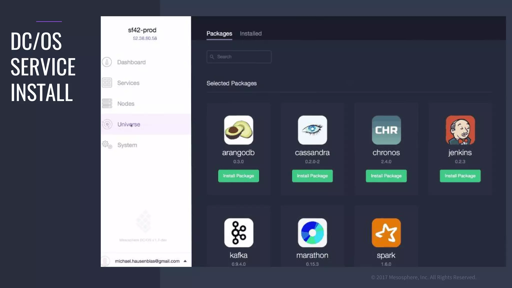 © 2017 Mesosphere, Inc. All Rights Reserved.
DC/OS
SERVICE
INSTALL
 