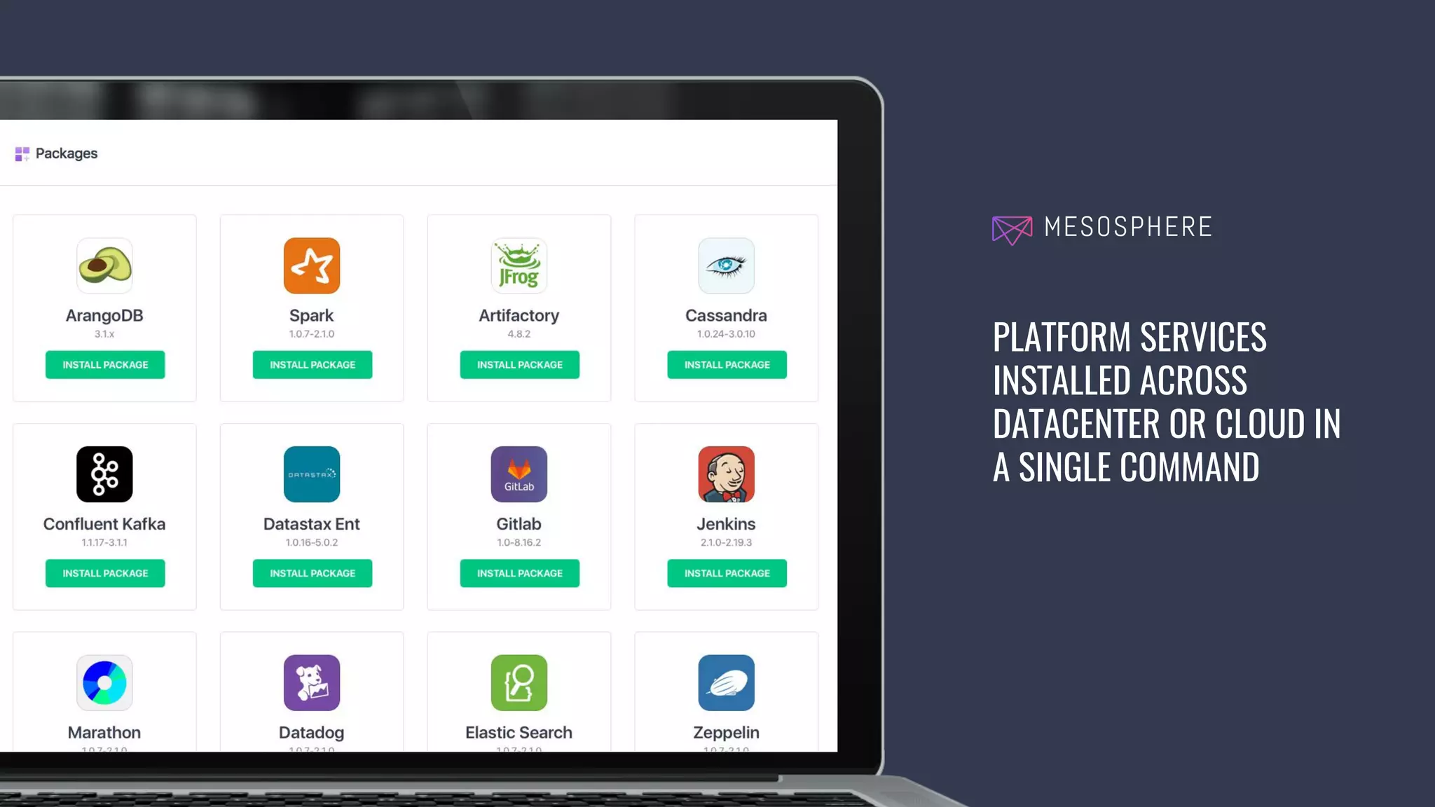 PLATFORM SERVICES
INSTALLED ACROSS
DATACENTER OR CLOUD IN
A SINGLE COMMAND
 