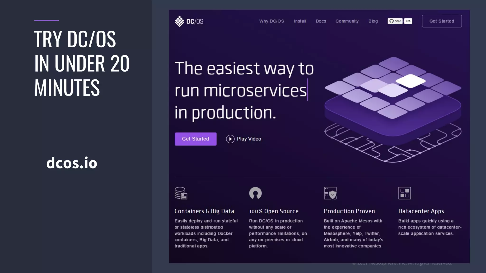 © 2017 Mesosphere, Inc. All Rights Reserved.
TRY DC/OS
IN UNDER 20
MINUTES
dcos.io
 