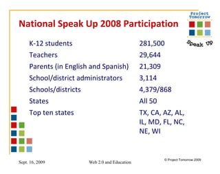 National Speak Up 2008 Participation TX, CA, AZ, AL, IL, MD, FL, NC, NE, WI Top ten states All 50 States 4,379/868 Schools/districts 3,114 School/district administrators 21,309 Parents (in English and Spanish) 29,644 Teachers 281,500 K-12 students 