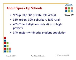 About Speak Up Schools 95% public, 3% private, 2% virtual 35% urban, 32% suburban, 33% rural 45% Title 1 eligible – indication of high poverty 34% majority-minority student population  