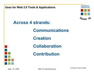 Uses for Web 2.0 Tools & Applications Across 4 strands:  Communications Creation Collaboration Contribution 