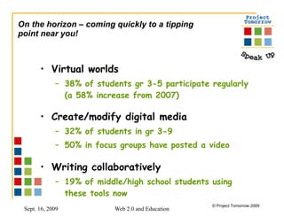 On the horizon – coming quickly to a tipping point near you! Virtual worlds 38% of students gr 3-5 participate regularly (a 58% increase from 2007) Create/modify digital media 32% of students in gr 3-9  50% in focus groups have posted a video Writing collaboratively 19% of middle/high school students using these tools now 