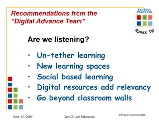 Recommendations from the “ Digital Advance Team”  Are we listening?  Un-tether learning New learning spaces Social based learning Digital resources add relevancy Go beyond classroom walls 