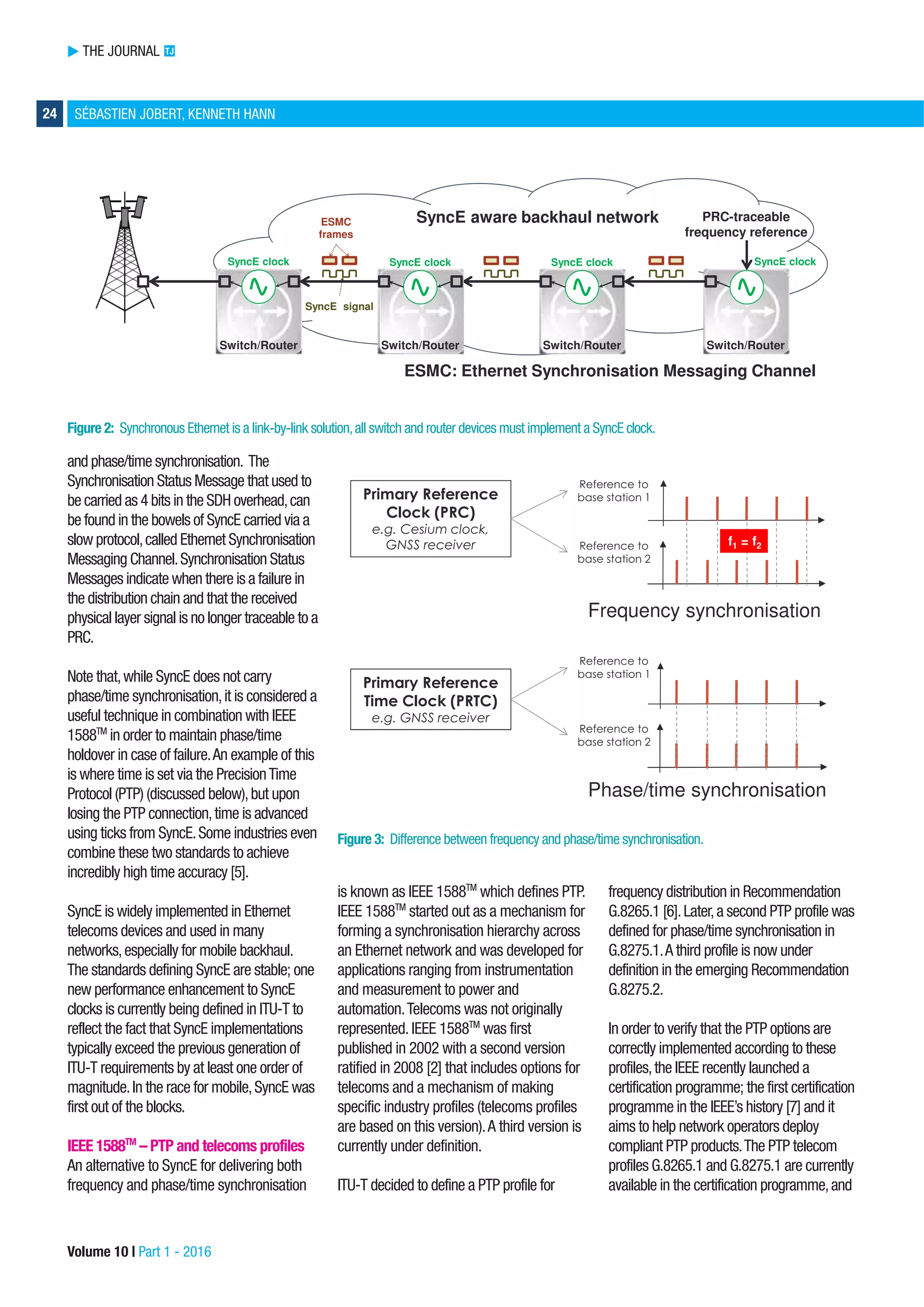 THE JOURNAL TJ
24 SÉBASTIEN JOBERT, KENNETH HANN
and phase/time synchronisation. The
Synchronisation Status Message that used to
be carried as 4 bits in the SDH overhead,can
be found in the bowels of SyncE carried via a
slow protocol,called Ethernet Synchronisation
Messaging Channel.Synchronisation Status
Messages indicate when there is a failure in
the distribution chain and that the received
physical layer signal is no longer traceable to a
PRC.
Note that,while SyncE does not carry
phase/time synchronisation,it is considered a
useful technique in combination with IEEE
1588TM
in order to maintain phase/time
holdover in case of failure.An example of this
is where time is set via the PrecisionTime
Protocol (PTP) (discussed below),but upon
losing the PTP connection,time is advanced
using ticks from SyncE.Some industries even
combine these two standards to achieve
incredibly high time accuracy [5].
SyncE is widely implemented in Ethernet
telecoms devices and used in many
networks,especially for mobile backhaul.
The standards defining SyncE are stable; one
new performance enhancement to SyncE
clocks is currently being defined in ITU-T to
reflect the fact that SyncE implementations
typically exceed the previous generation of
ITU-T requirements by at least one order of
magnitude.In the race for mobile,SyncE was
first out of the blocks.
IEEE 1588TM
– PTP and telecoms profiles
An alternative to SyncE for delivering both
frequency and phase/time synchronisation
is known as IEEE 1588TM
which defines PTP.
IEEE 1588TM
started out as a mechanism for
forming a synchronisation hierarchy across
an Ethernet network and was developed for
applications ranging from instrumentation
and measurement to power and
automation.Telecoms was not originally
represented. IEEE 1588TM
was first
published in 2002 with a second version
ratified in 2008 [2] that includes options for
telecoms and a mechanism of making
specific industry profiles (telecoms profiles
are based on this version).A third version is
currently under definition.
ITU-T decided to define a PTP profile for
frequency distribution in Recommendation
G.8265.1 [6].Later,a second PTP profile was
defined for phase/time synchronisation in
G.8275.1.A third profile is now under
definition in the emerging Recommendation
G.8275.2.
In order to verify that the PTP options are
correctly implemented according to these
profiles,the IEEE recently launched a
certification programme; the first certification
programme in the IEEE’s history [7] and it
aims to help network operators deploy
compliant PTP products.The PTP telecom
profiles G.8265.1 and G.8275.1 are currently
available in the certification programme,and
Volume 10 | Part 1 - 2016
Figure 2: Synchronous Ethernet is a link-by-link solution,all switch and router devices must implement a SyncE clock.
Figure 3: Difference between frequency and phase/time synchronisation.
Switch/RouterSwitch/Router
SyncE aware backhaul network PRC-traceable
frequency reference
SyncE clock
Switch/Router
SyncE clock SyncE clock
ESMC
frames
SyncE signal
Switch/Router
SyncE clock
ESMC: Ethernet Synchronisation Messaging Channel
  
  