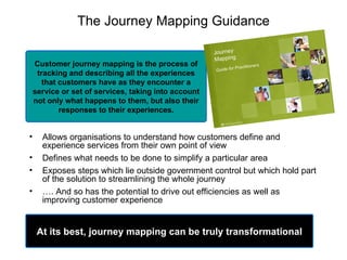 The Journey Mapping Guidance ,[object Object],[object Object],[object Object],[object Object],Customer journey mapping is the process of tracking and describing all the experiences that customers have as they encounter a service or set of services, taking into account not only what happens to them, but also their responses to their experiences. At its best, journey mapping can be truly transformational 