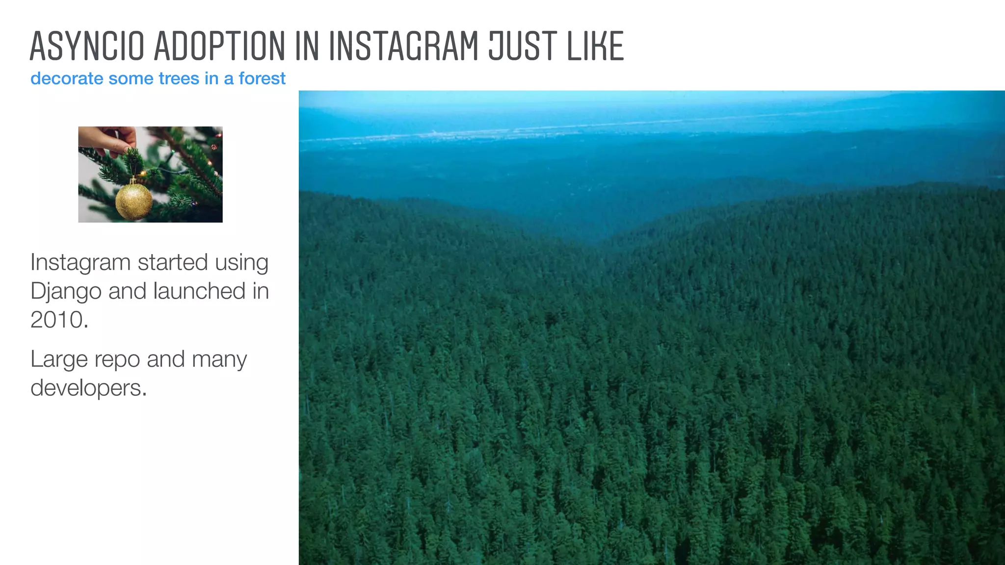 ASYNCIO ADOPTION IN INSTAGRAM JUST LIKE
decorate some trees in a forest
16
Instagram started using
Django and launched in
2010.
Large repo and many
developers.
 