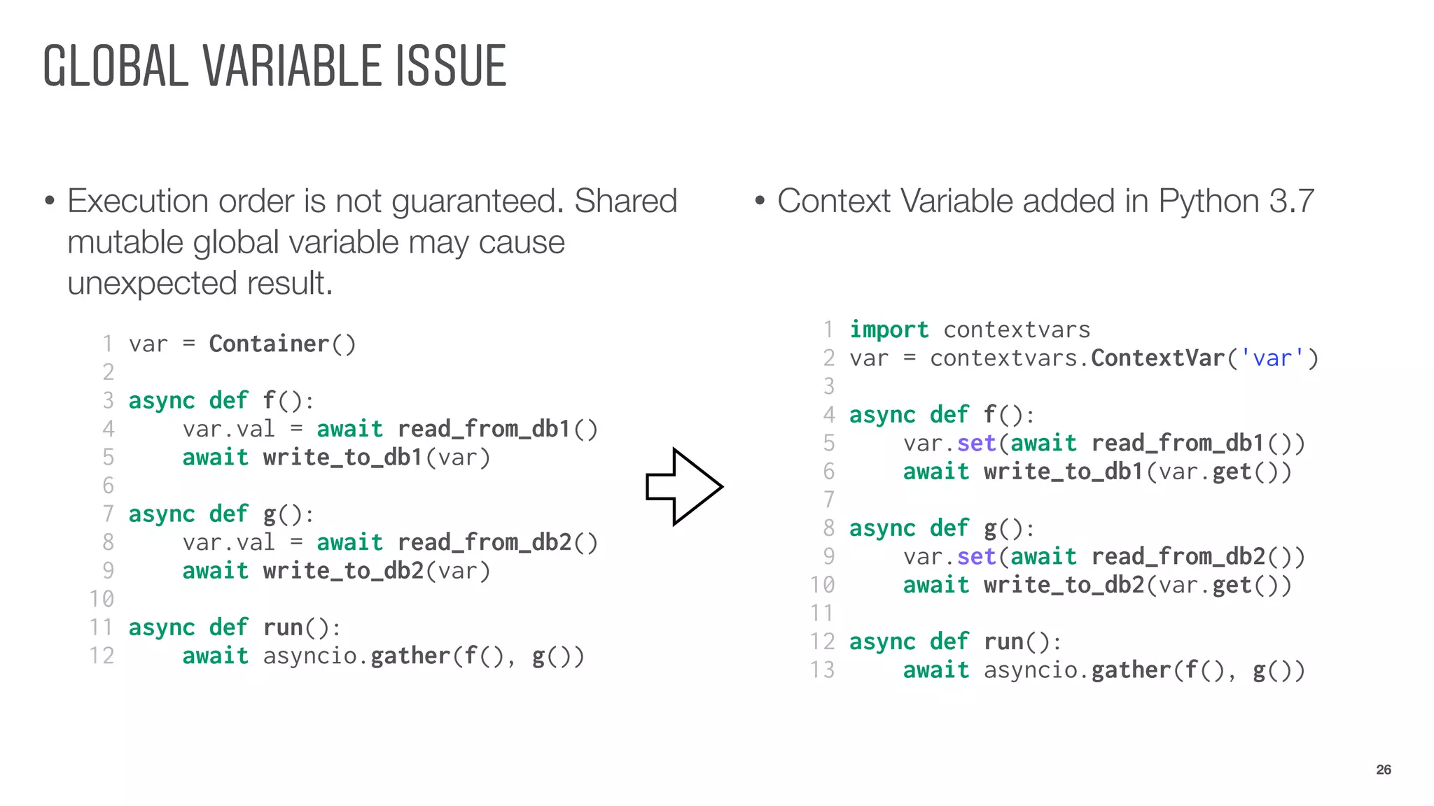 GLOBAL VARIABLE ISSUE
• Execution order is not guaranteed. Shared
mutable global variable may cause
unexpected result.
26
1 var = Container()
2
3 async def f():
4 var.val = await read_from_db1()
5 await write_to_db1(var)
6
7 async def g():
8 var.val = await read_from_db2()
9 await write_to_db2(var)
10
11 async def run():
12 await asyncio.gather(f(), g())
1 import contextvars
2 var = contextvars.ContextVar('var')
3
4 async def f():
5 var.set(await read_from_db1())
6 await write_to_db1(var.get())
7
8 async def g():
9 var.set(await read_from_db2())
10 await write_to_db2(var.get())
11
12 async def run():
13 await asyncio.gather(f(), g())
• Context Variable added in Python 3.7
 