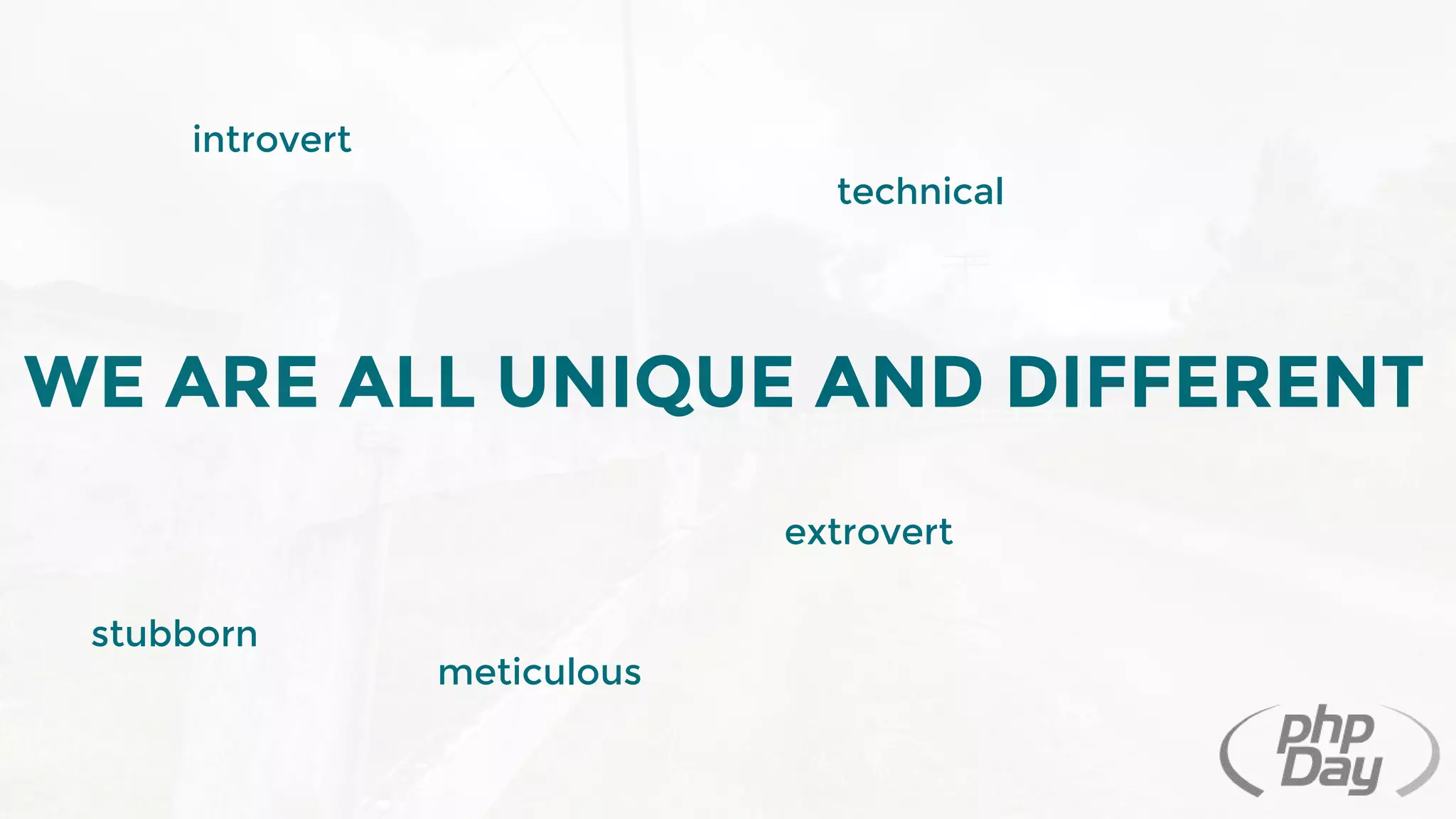 WE ARE ALL UNIQUE AND DIFFERENT
introvert
extrovert
technical
meticulous
stubborn
 