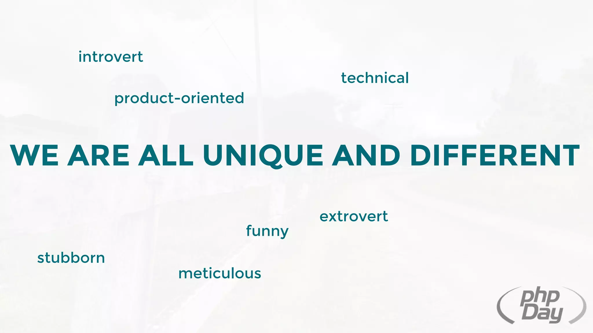 WE ARE ALL UNIQUE AND DIFFERENT
introvert
extrovert
technical
product-oriented
meticulous
stubborn
funny
 