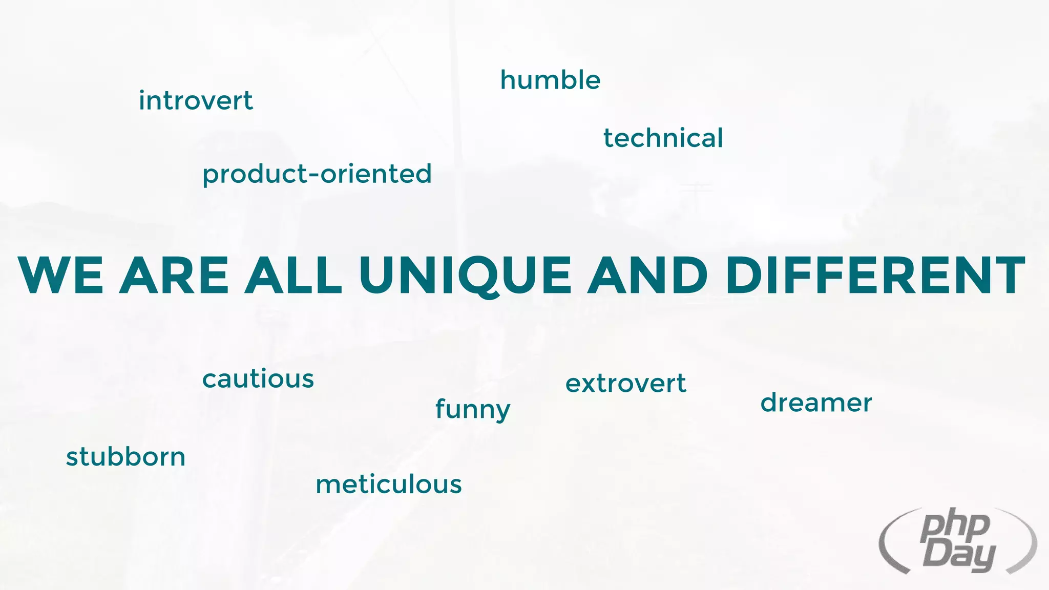 WE ARE ALL UNIQUE AND DIFFERENT
introvert
extrovert
technical
cautious
product-oriented
meticulous
dreamer
stubborn
humble
funny
 