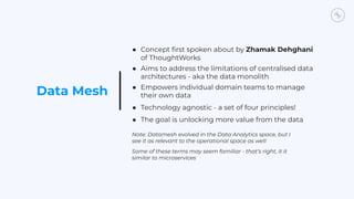 Data Mesh
● Concept ﬁrst spoken about by Zhamak Dehghani
of ThoughtWorks
● Aims to address the limitations of centralised data
architectures - aka the data monolith
● Empowers individual domain teams to manage
their own data
● Technology agnostic - a set of four principles!
● The goal is unlocking more value from the data
Note: Datamesh evolved in the Data Analytics space, but I
see it as relevant to the operational space as well
Some of these terms may seem familiar - that’s right, it it
similar to microservices
 