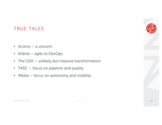 TRUE TALES
SEPTEMBER 22, 2016
• Acorns – a unicorn
• Airbnb – agile to DevOps
• The GSA – unlikely but massive transformation
• TASC – focus on pipeline and quality
• Media – focus on autonomy and visibility
© Sauce Labs, Inc. 10
 