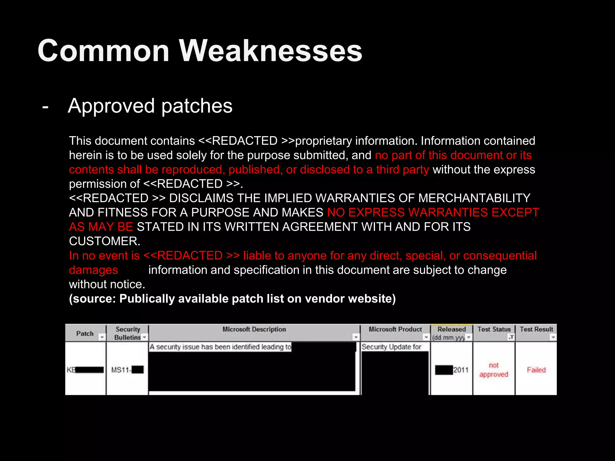 Common Weaknesses
- Approved patches
This document contains <<REDACTED >>proprietary information. Information contained
herein is to be used solely for the purpose submitted, and no part of this document or its
contents shall be reproduced, published, or disclosed to a third party without the express
permission of <<REDACTED >>.
<<REDACTED >> DISCLAIMS THE IMPLIED WARRANTIES OF MERCHANTABILITY
AND FITNESS FOR A PURPOSE AND MAKES NO EXPRESS WARRANTIES EXCEPT
AS MAY BE STATED IN ITS WRITTEN AGREEMENT WITH AND FOR ITS
CUSTOMER.
In no event is <<REDACTED >> liable to anyone for any direct, special, or consequential
damages. The information and specification in this document are subject to change
without notice.
(source: Publically available patch list on vendor website)
 