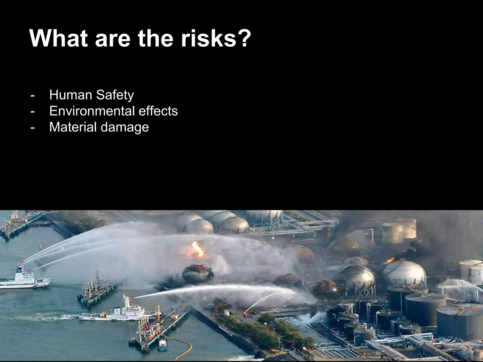 - Human Safety
- Environmental effects
- Material damage
What are the risks?
 