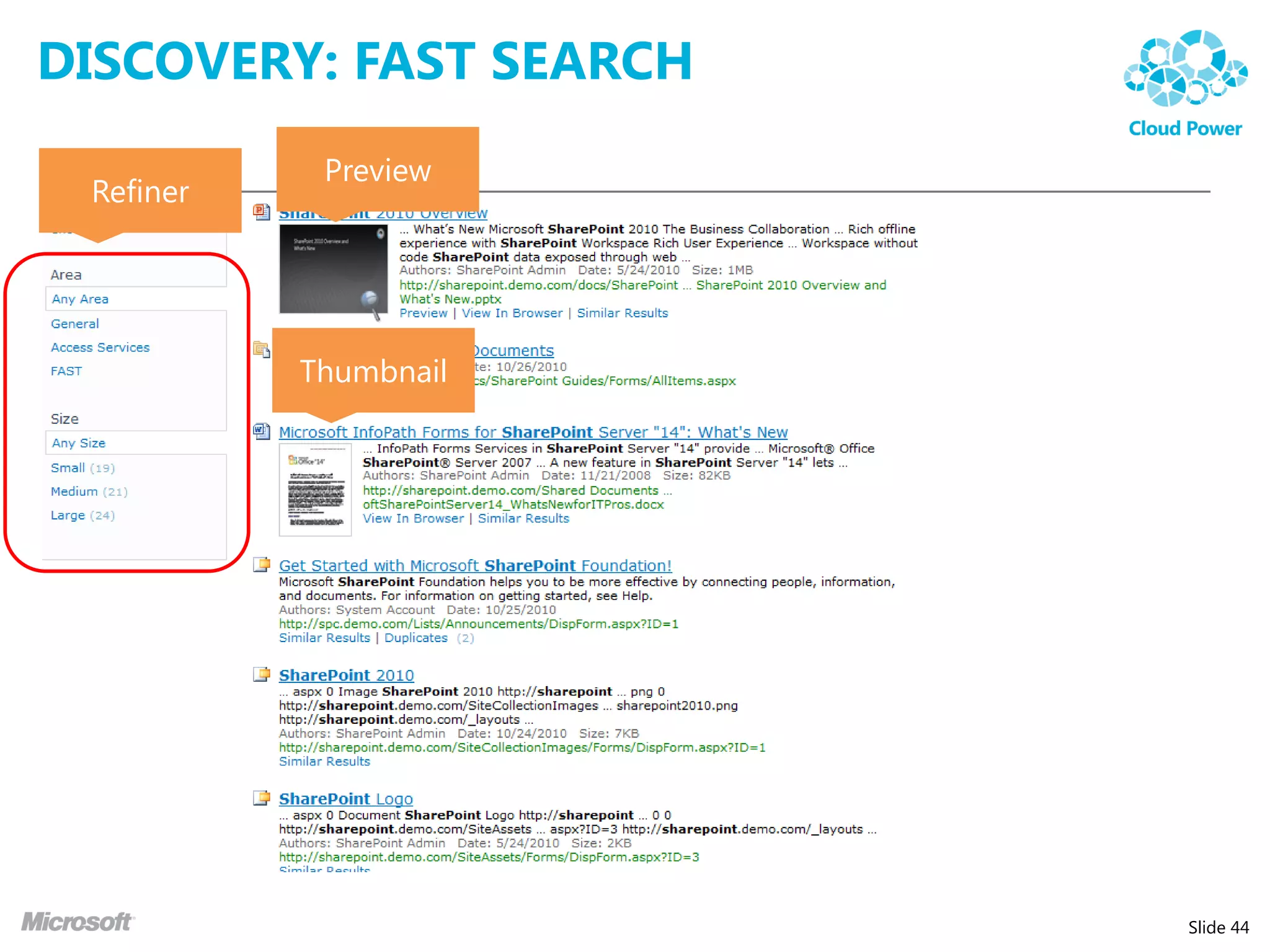 DISCOVERY: FAST SEARCH
            Preview
 Refiner




           Thumbnail




                         Slide 44
 