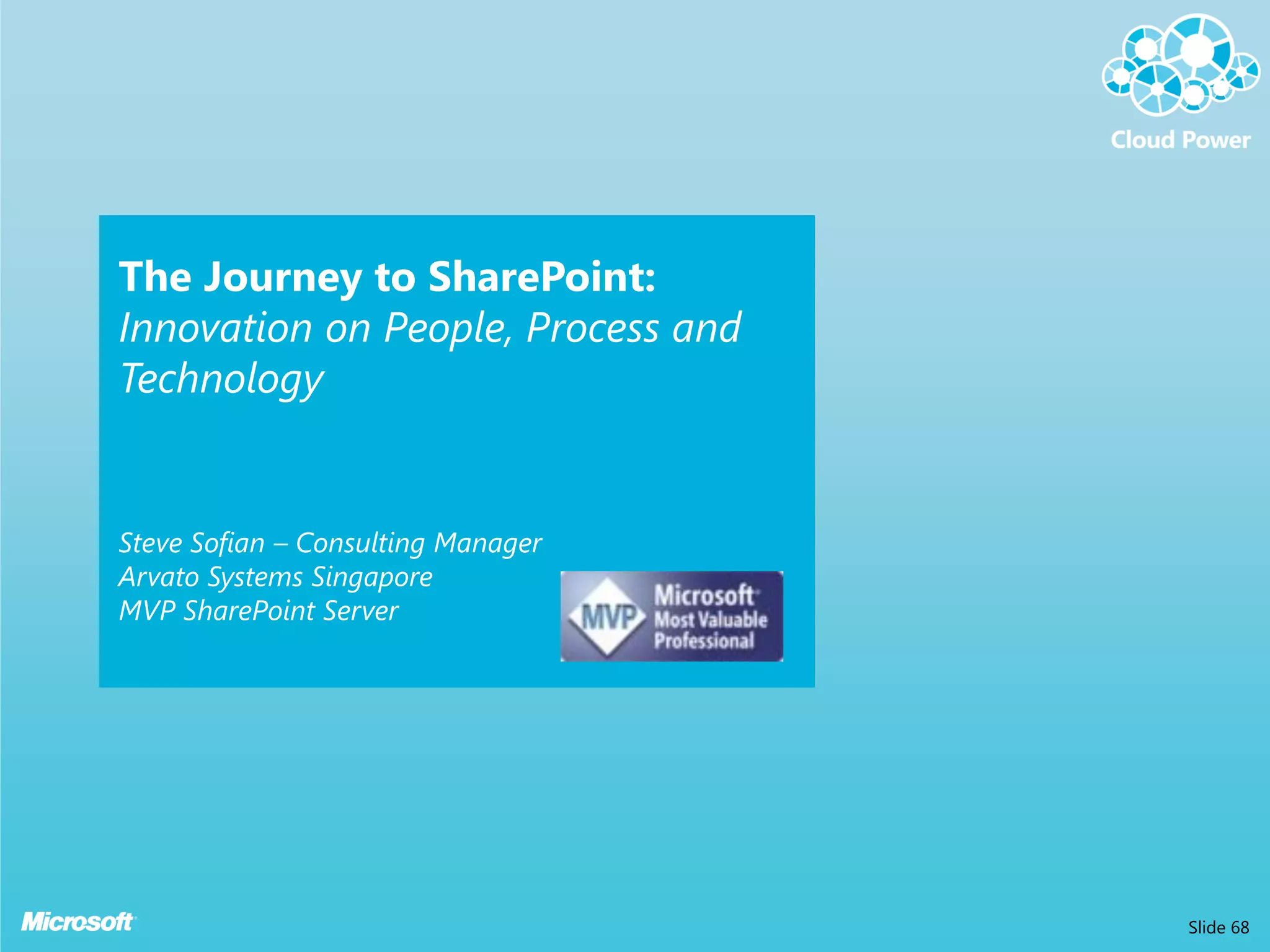 The Journey to SharePoint:
Innovation on People, Process and
Technology


Steve Sofian – Consulting Manager
Arvato Systems Singapore
MVP SharePoint Server




                                    Slide 68
 