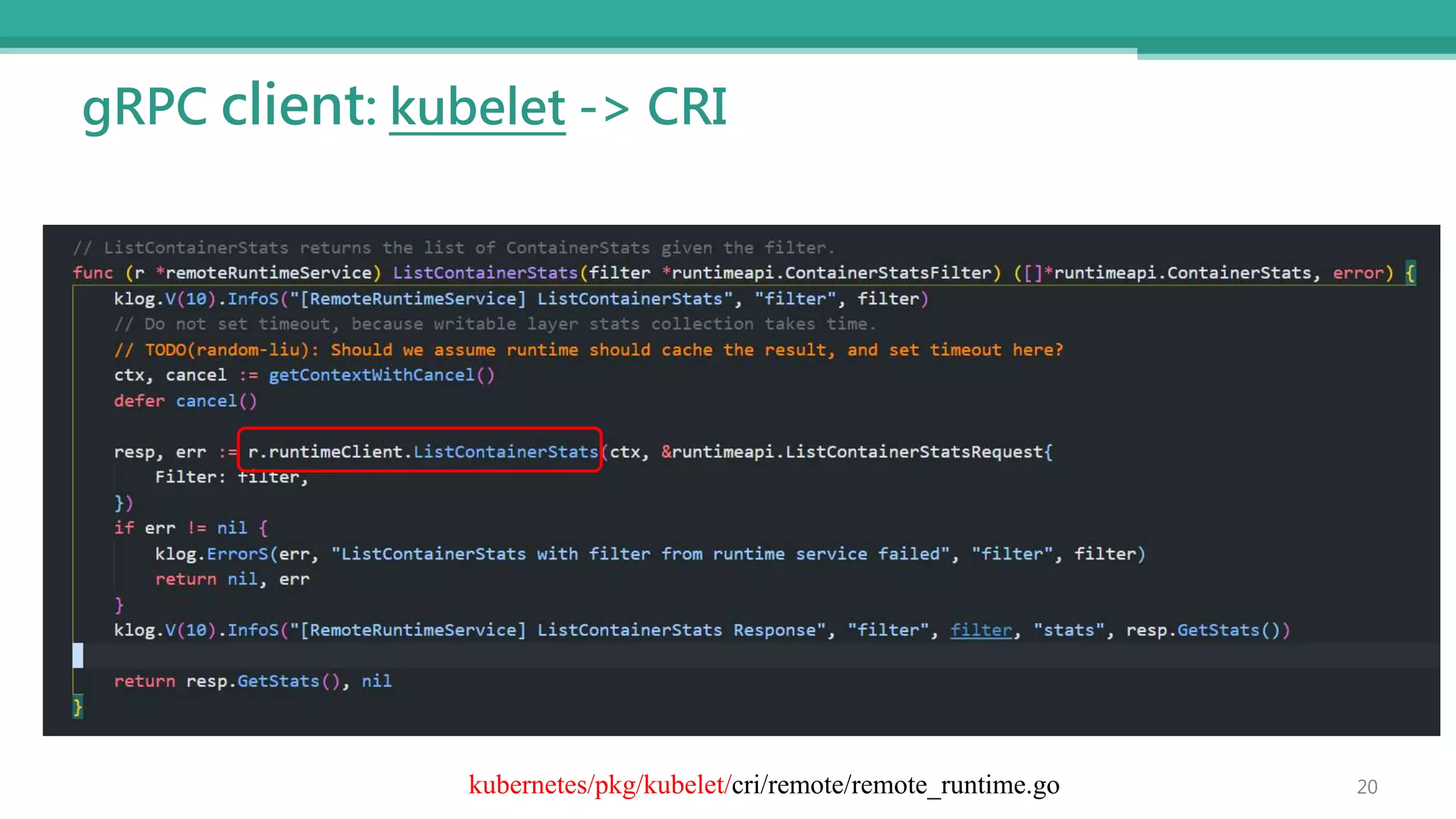 gRPC client: kubelet -> CRI
20
kubernetes/pkg/kubelet/cri/remote/remote_runtime.go
 