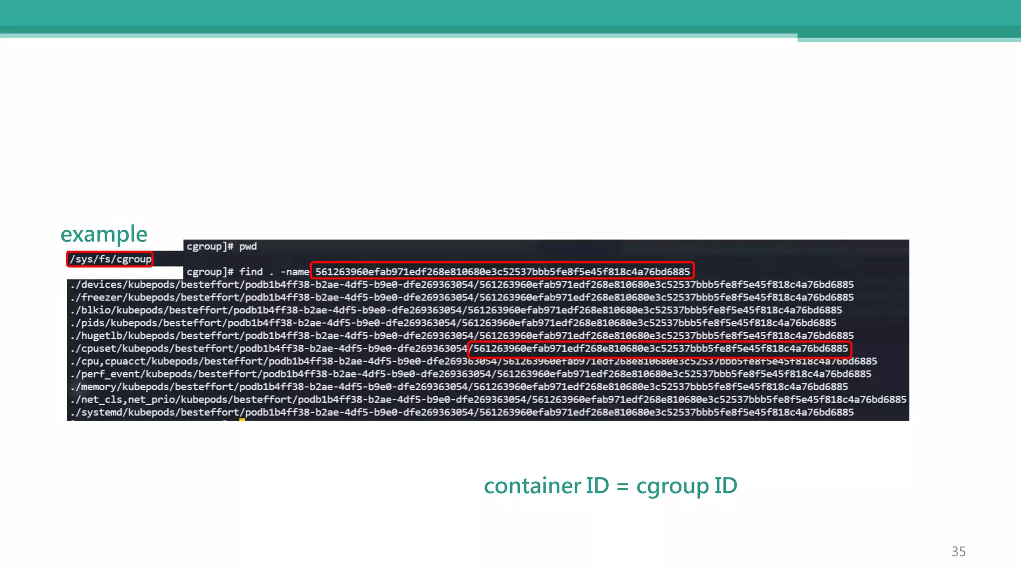 35
container ID = cgroup ID
example
 