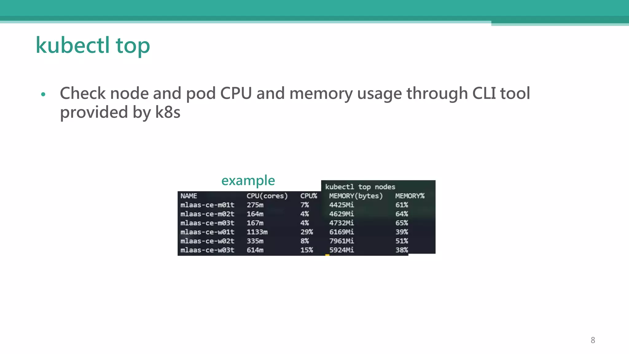 kubectl top
• Check node and pod CPU and memory usage through CLI tool
provided by k8s
8
example
 