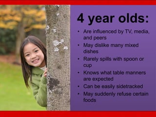 4 year olds:
• Are influenced by TV, media,
and peers
• May dislike many mixed
dishes
• Rarely spills with spoon or
cup
• Knows what table manners
are expected
• Can be easily sidetracked
• May suddenly refuse certain
foods
 