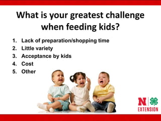 1. Lack of preparation/shopping time
2. Little variety
3. Acceptance by kids
4. Cost
5. Other
What is your greatest challenge
when feeding kids?
 