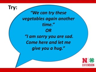“We can try these
vegetables again another
time.”
OR
“I am sorry you are sad.
Come here and let me
give you a hug.”
Try:
 