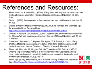 References and Resources:
1. Beauchamp, G. & Mennella, J. (2009). Early flavor learning and its impact on later
feeding behavior. Journal of Pediatric Gastroenterology and Nutrition 48, S25–
S30.
2. Birch, L. (1999). Development of food preferences. Annual Review of Nutrition 19,
41–62.
3. Create a Positive Meal Environment (2016). UDSA’s Nutrition and Wellness Tips
for Young Children. Retrieved from:
http://www.fns.usda.gov/sites/default/files/tn/Supplement_D.PDF
4. Cooke LJ, Haworth CM, Wardle J. (2007). Genetic and environmental Influences
on Children's Food Neophobia. American Journal of Clinical Nutrition, vol. 86 no.
2 428-433.
5. Danaher C, Fredericks, C, Bryson, SW, Agras, WS, Ritchie, L. (2011). Early
childhood feeding practices improved after short-term pilot intervention with
pediatricians and parents. Childhood Obesity, Volume 7, Number 6.
6. Fisher JO, Mennella JA, Hughes SO, Liu Y, Mendoza PM, Patrick H. (2012).
Offering “dip” promotes intake of a moderately-liked raw vegetable among
preschoolers with genetic sensitivity to bitterness. Journal of the Academy of
Nutrition and Dietetics. 112(2):235-45.
7. Food Jags (2015). MedlinePlus, U.S. National Library of Medicine. Retrieved
from: http://www.nlm.nih.gov/medlineplus/ency/article/002425.htm
 