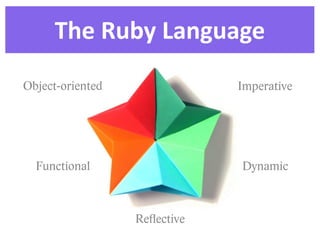 The  Ruby  Language
Object-oriented               Imperative




  Functional                  Dynamic



                  Reﬂective
 