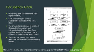 Occupancy Grids
 Occupancy grids utilise random field
representation,
 Each cell in the grid stores a
probabilistic esti...