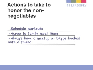 Actions to take to
honor the non-
negotiables
-Schedule workouts
-Agree to family meal times
-Always have a meetup or Skype booked
with a friend
 