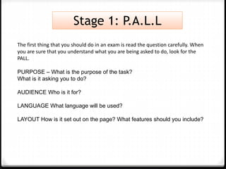 Stage 1: P.A.L.L
The first thing that you should do in an exam is read the question carefully. When
you are sure that you understand what you are being asked to do, look for the
PALL.
PURPOSE – What is the purpose of the task?
What is it asking you to do?
AUDIENCE Who is it for?
LANGUAGE What language will be used?
LAYOUT How is it set out on the page? What features should you include?
 