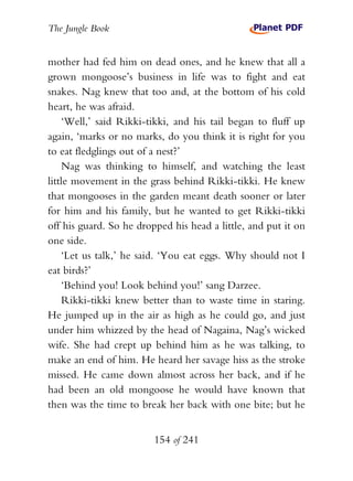 The Jungle Book


mother had fed him on dead ones, and he knew that all a
grown mongoose’s business in life was to fight and eat
snakes. Nag knew that too and, at the bottom of his cold
heart, he was afraid.
    ‘Well,’ said Rikki-tikki, and his tail began to fluff up
again, ‘marks or no marks, do you think it is right for you
to eat fledglings out of a nest?’
    Nag was thinking to himself, and watching the least
little movement in the grass behind Rikki-tikki. He knew
that mongooses in the garden meant death sooner or later
for him and his family, but he wanted to get Rikki-tikki
off his guard. So he dropped his head a little, and put it on
one side.
    ‘Let us talk,’ he said. ‘You eat eggs. Why should not I
eat birds?’
    ‘Behind you! Look behind you!’ sang Darzee.
    Rikki-tikki knew better than to waste time in staring.
He jumped up in the air as high as he could go, and just
under him whizzed by the head of Nagaina, Nag’s wicked
wife. She had crept up behind him as he was talking, to
make an end of him. He heard her savage hiss as the stroke
missed. He came down almost across her back, and if he
had been an old mongoose he would have known that
then was the time to break her back with one bite; but he


                         154 of 241
 
