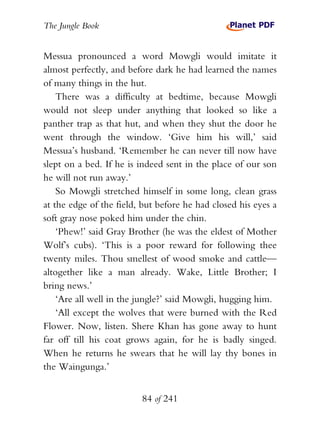 The Jungle Book


Messua pronounced a word Mowgli would imitate it
almost perfectly, and before dark he had learned the names
of many things in the hut.
    There was a difficulty at bedtime, because Mowgli
would not sleep under anything that looked so like a
panther trap as that hut, and when they shut the door he
went through the window. ‘Give him his will,’ said
Messua’s husband. ‘Remember he can never till now have
slept on a bed. If he is indeed sent in the place of our son
he will not run away.’
    So Mowgli stretched himself in some long, clean grass
at the edge of the field, but before he had closed his eyes a
soft gray nose poked him under the chin.
    ‘Phew!’ said Gray Brother (he was the eldest of Mother
Wolf’s cubs). ‘This is a poor reward for following thee
twenty miles. Thou smellest of wood smoke and cattle—
altogether like a man already. Wake, Little Brother; I
bring news.’
    ‘Are all well in the jungle?’ said Mowgli, hugging him.
    ‘All except the wolves that were burned with the Red
Flower. Now, listen. Shere Khan has gone away to hunt
far off till his coat grows again, for he is badly singed.
When he returns he swears that he will lay thy bones in
the Waingunga.’


                         84 of 241
 